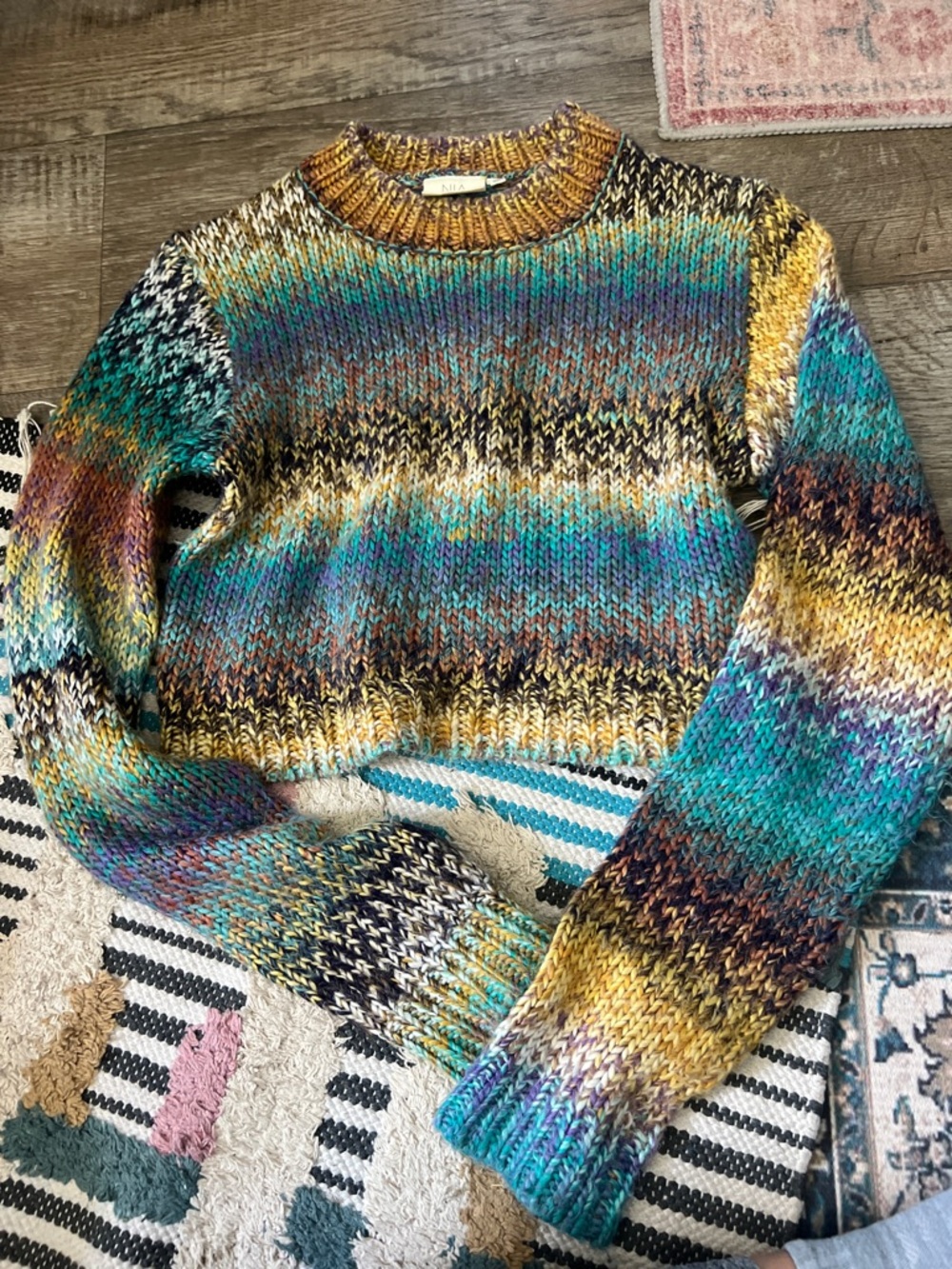 Nia fuzzy Multicolor‎ Knit Crewneck Sweater - Turquoise, Mustard & Brown size M